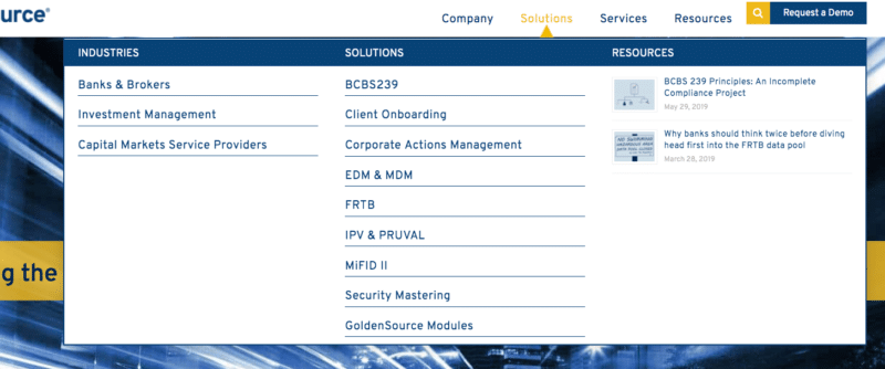 GoldenSource mega menu Design